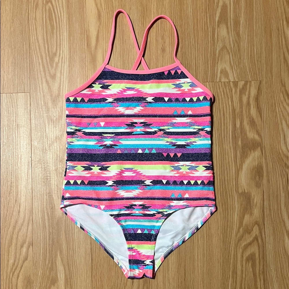 OP Aztec Stripe Girls One-Piece Swimsuit, size L 10-12